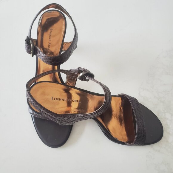 Etienne Aigner Brown Croc Embossed Women's Strappy Leather Sandal sz. 9.5M - Picture 3 of 16